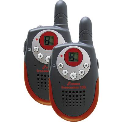 Twee zwarte en rode walkietalkies met digitale displays en meerdere knoppen, geschikt voor eenvoudige communicatie over korte afstanden.