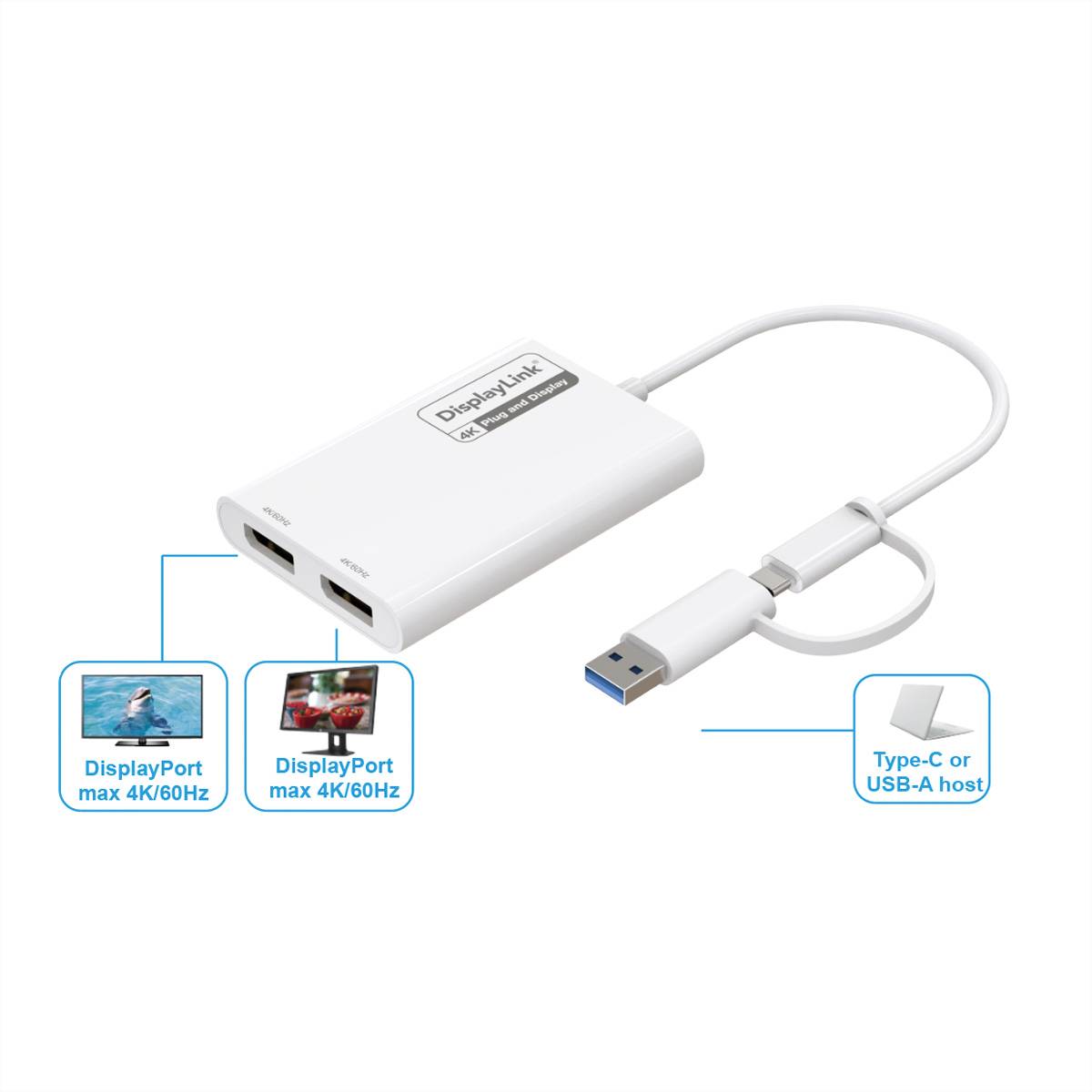 Roline 12.03.3207 USB-adapter USB 3.2 Gen1 USB-C, USB-A stekker, DisplayPort-bus 0.18 m Wit 4K UHD-1