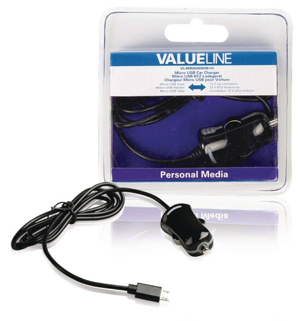 Valueline VLMB60890B10 Micro-usb-autolader Micro Usb Male - 12v Autoaansluiting 1,00 M Zwart 2.1a-0