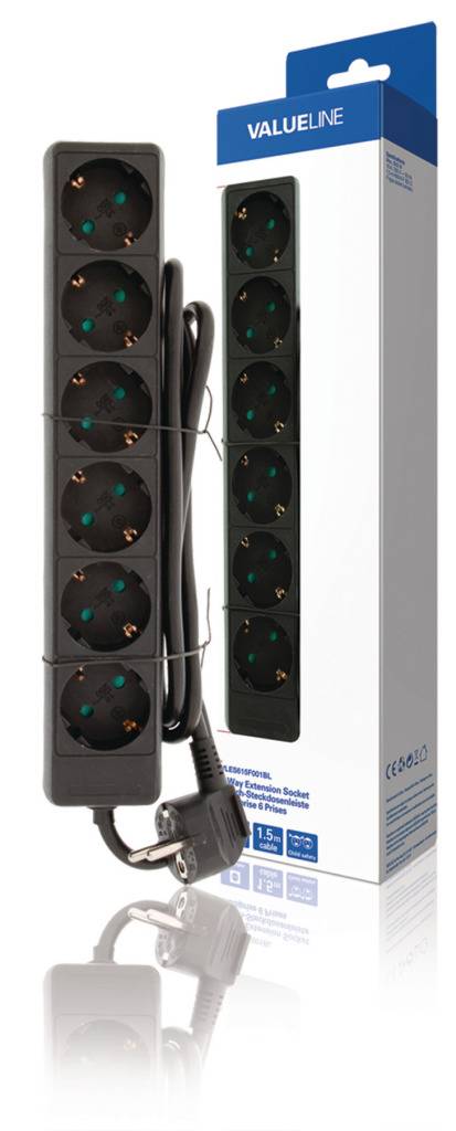 Valueline VLES615F001BL Stekkerdoos 6-wegs 1.50 M Zwart-0