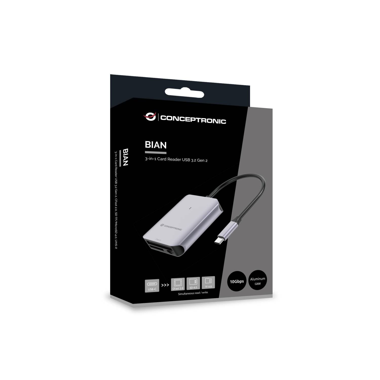 Conceptronic BIAN09G geeugenkaartlezer USB 3.2 Gen 2 Type-C Grijs-1