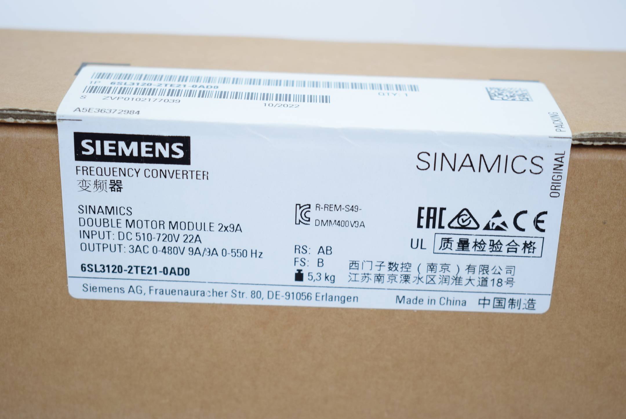 Siemens 6SL3120-2TE21-0AD0 - SINAMICS S120 Dubbele Motormodule Ingang: DC 600V-1