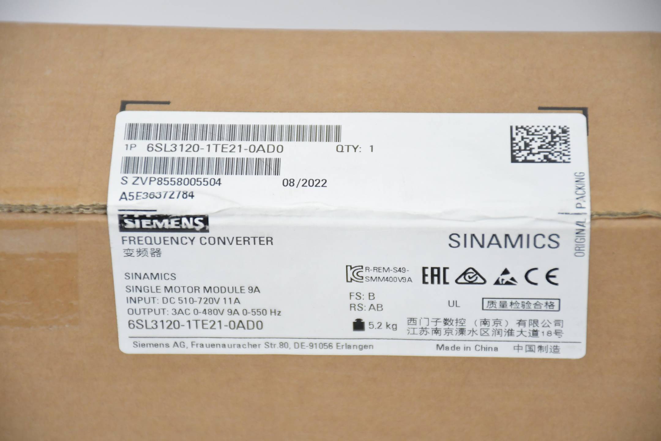 Siemens 6SL3120-1TE21-0AD0 - SINAMICS S120 enkelvoudige motormodules ingang: DC 600V-1