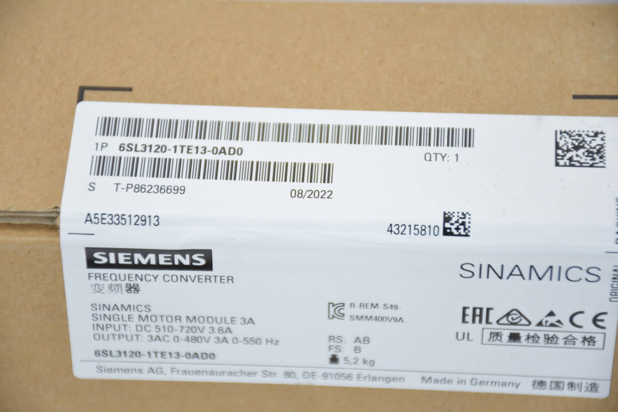 Siemens 6SL3120-1TE13-0AD0 - SINAMICS S120 Enkele Motormodule Ingang: DC 600V-1