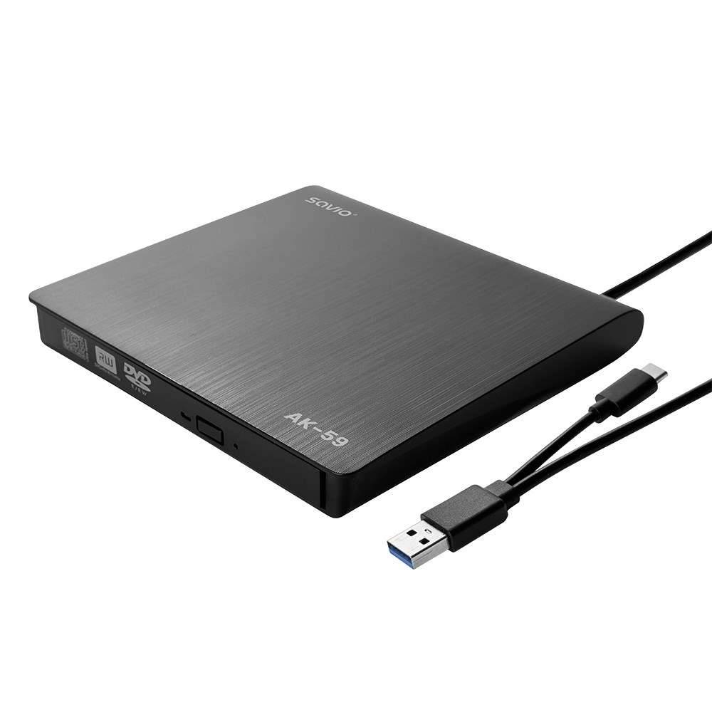 SAVIO AK-59 Externe dunne CD/DVD-recorder R/RW - USB-C/USB-A, zwart-0