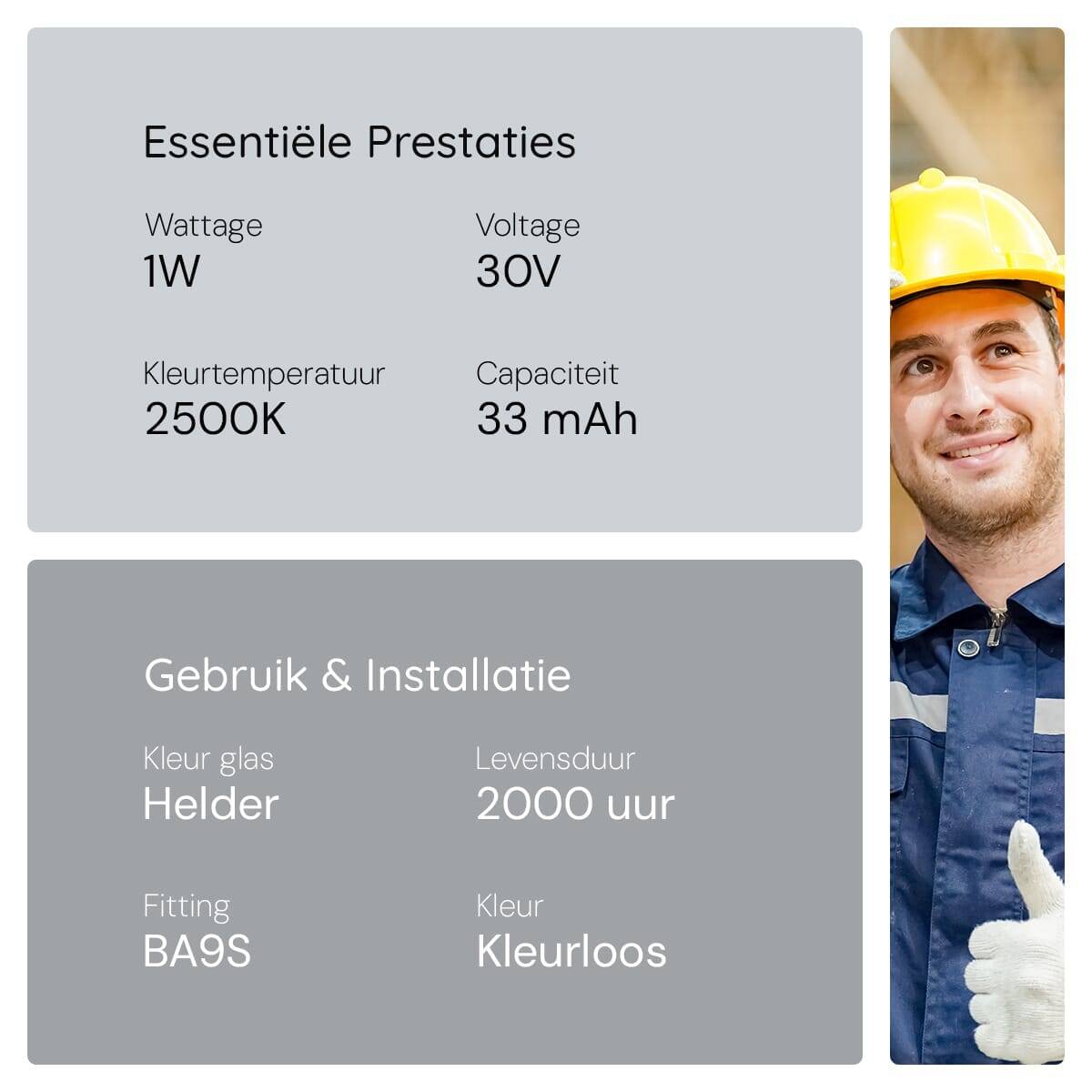 OE Lightning Signaallamp BA9s vervanglamp - 1W 30V - 2500K Wit - T9 - 9x23mm - 33mA - Dimbaar - 10 stuks-3