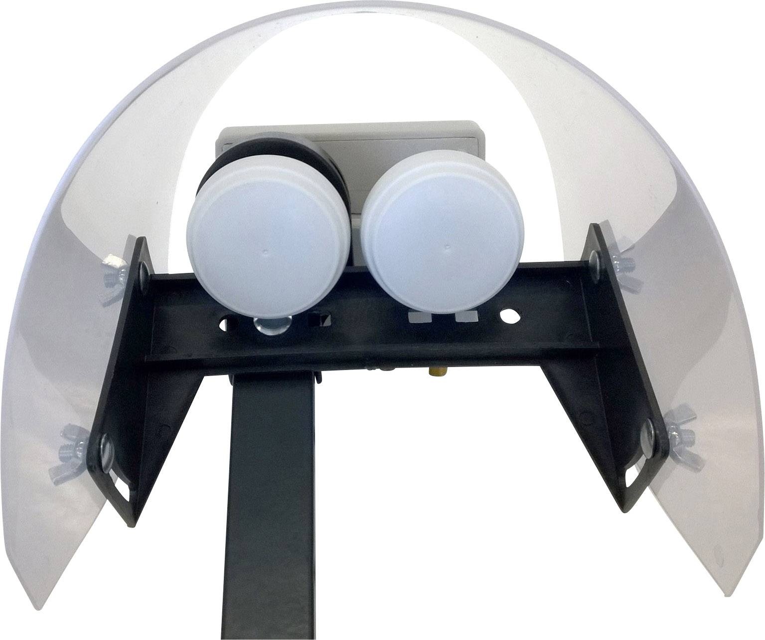 Een schotelantenne met twee LNB's, gemonteerd op een beugel, afgedekt door een transparante koepel ter bescherming.