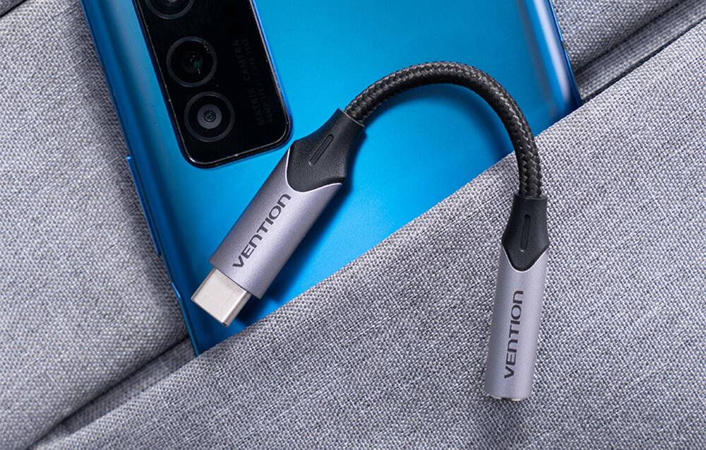 Vention USB-C mannelijk naar 3,5 mm koptelefoonaansluiting met DAC-adapter 0,1 m grijs aluminiumlegering type-1