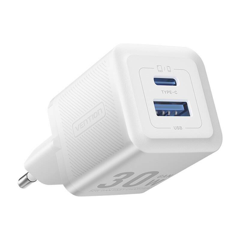Bekroonde afbeelding voor Vention 30W - oplader met GaN-technologie, 1x USB-A, 1x USB-C (wit)