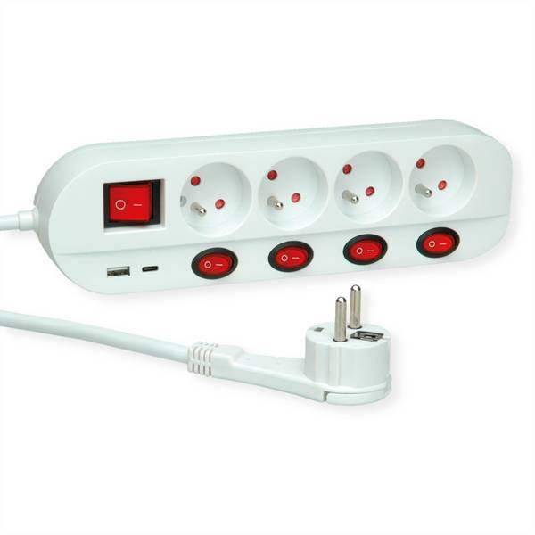 ROLINE 4-voudige stekkerdoos met schakelaar, UTE versie, USB-oplader A+C, 3 m