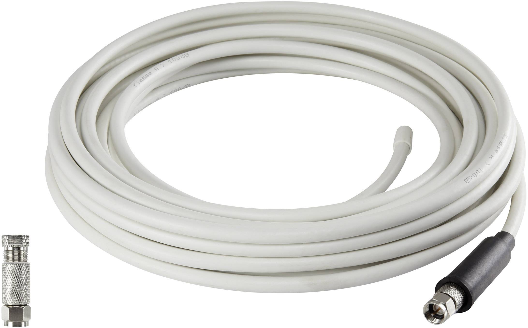 Wit coaxkabel met een F-connector aan de ene kant en een metalen schroefverbinding aan de andere kant. Kabel is opgerold.