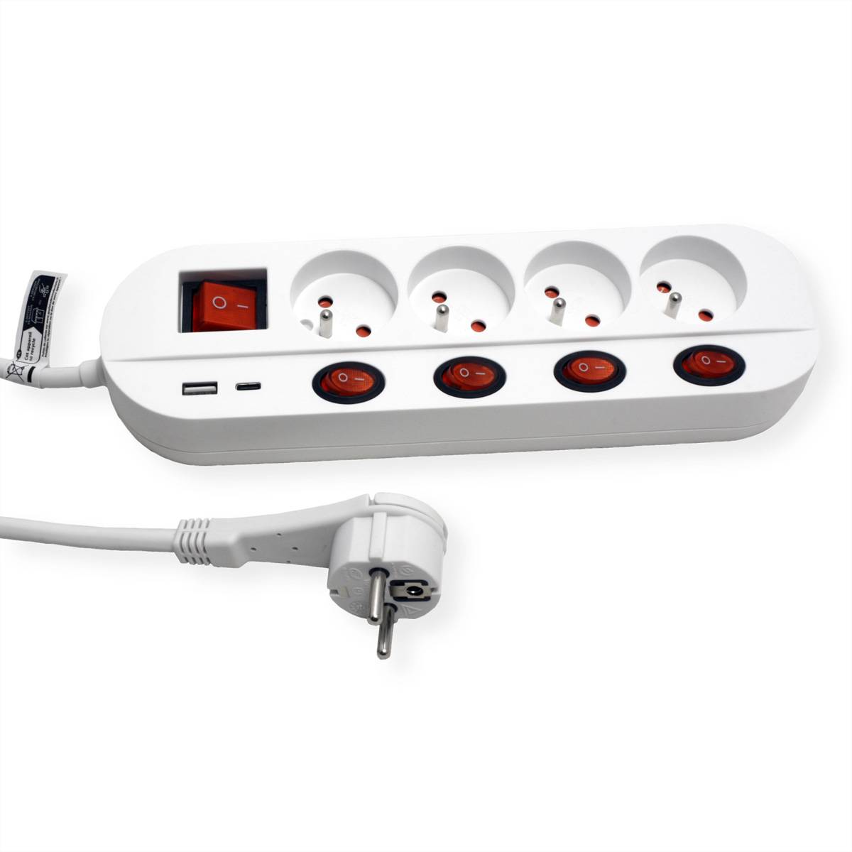 ROLINE 4-voudige stekkerdoos met schakelaar, UTE versie, USB-oplader A+C, 3 m-3