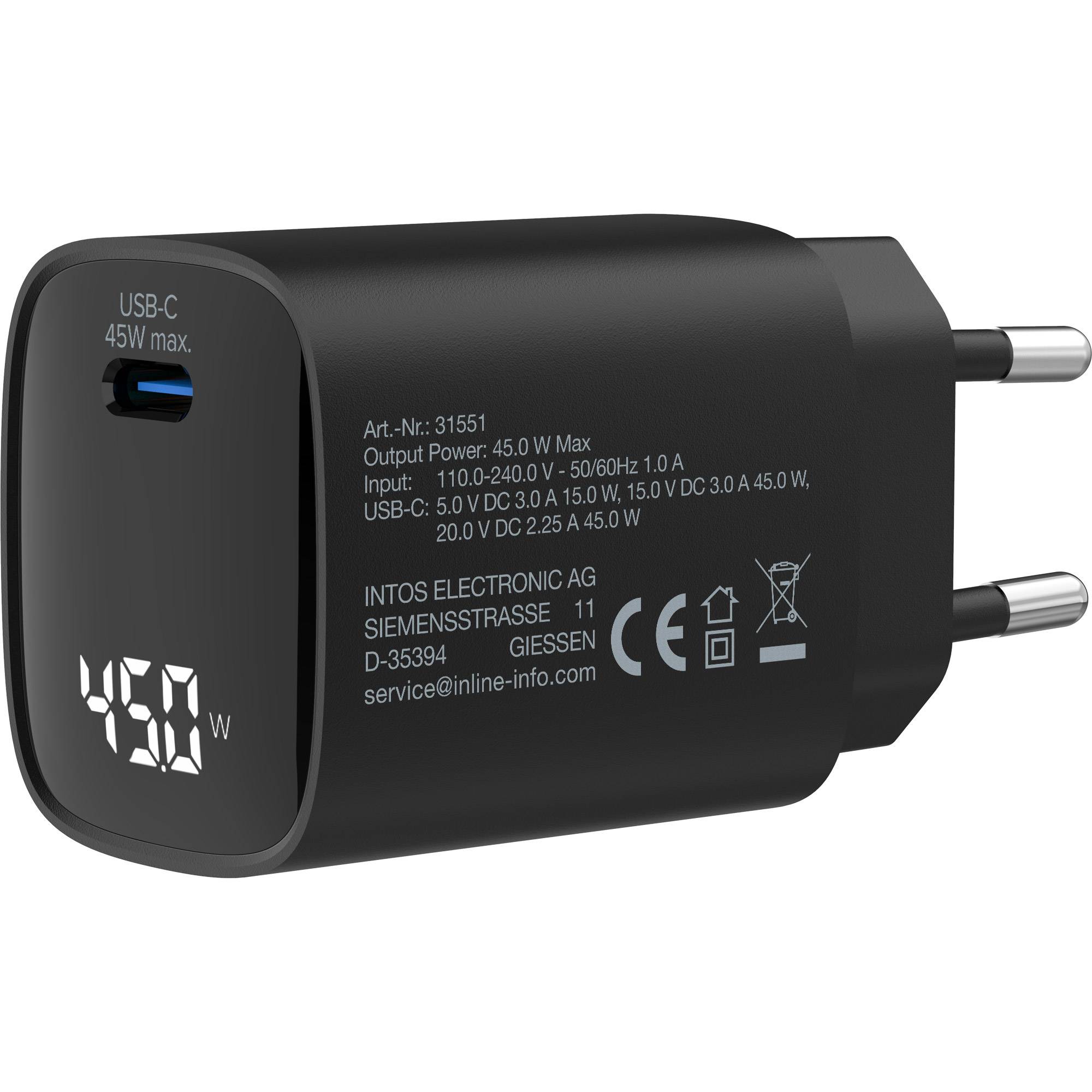 InLine USB lader | USB-C PD | GaN | 45W | display | zwart-1