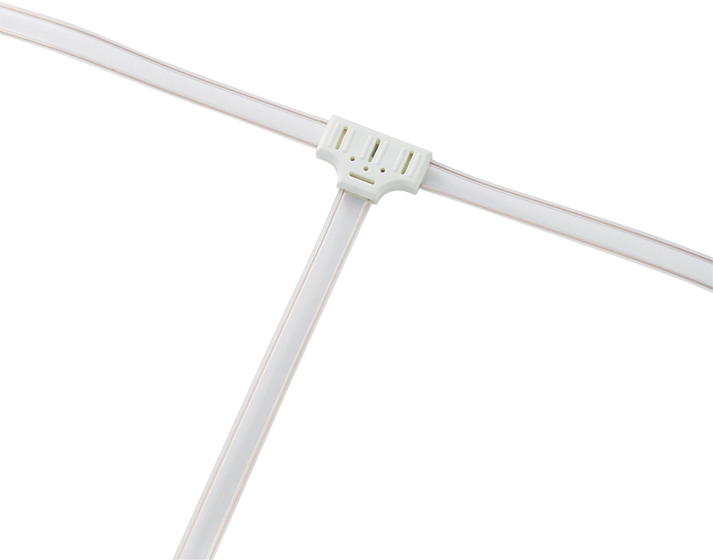 Een T-vormige elektrische connector verbindt drie platte witte kabelstrengen. Ideaal voor LED-stripbekabeling.