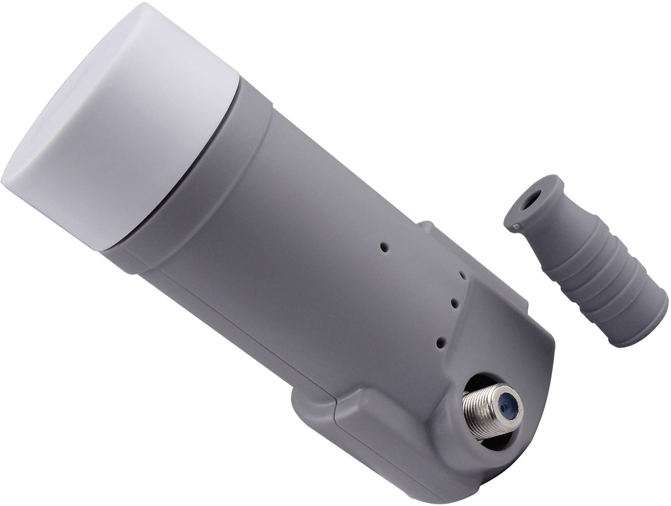 Een grijze LNB (Low-Noise Block) met een gehoekte aansluiting en beschermkap. Wordt gebruikt voor signaalverwerking van schotelantennes.