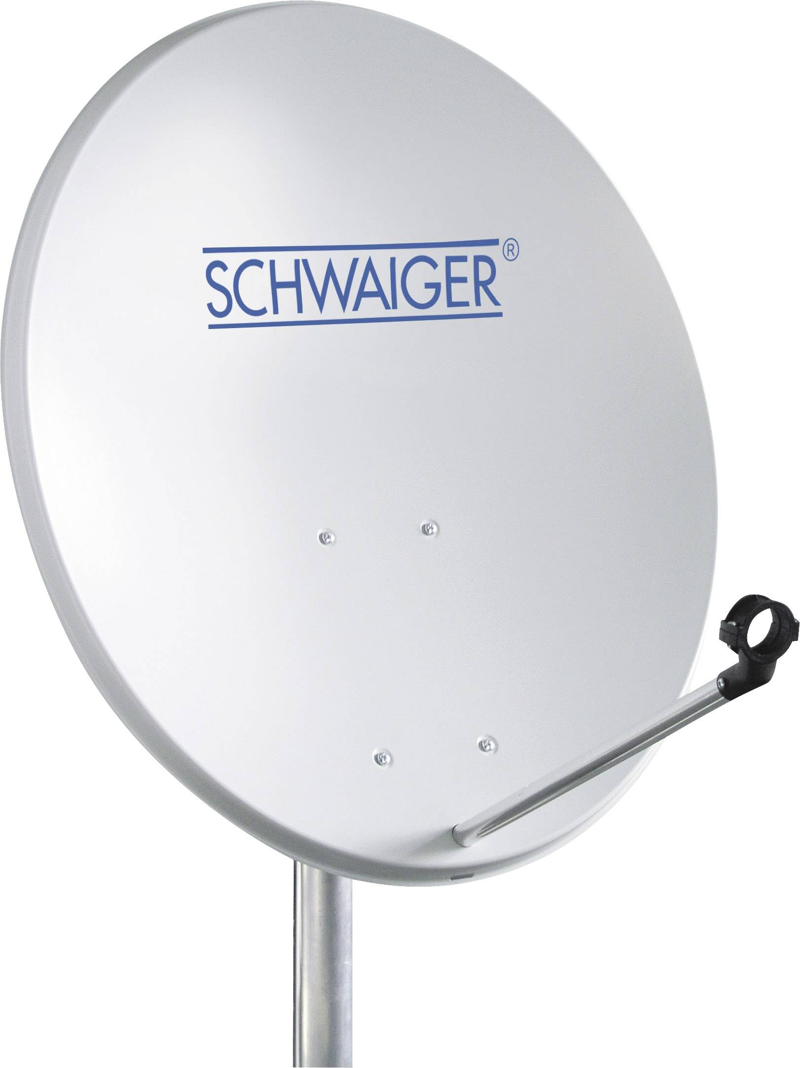 Schotelantenne met het opschrift 'Schwaiger', gemonteerd op een standaard.