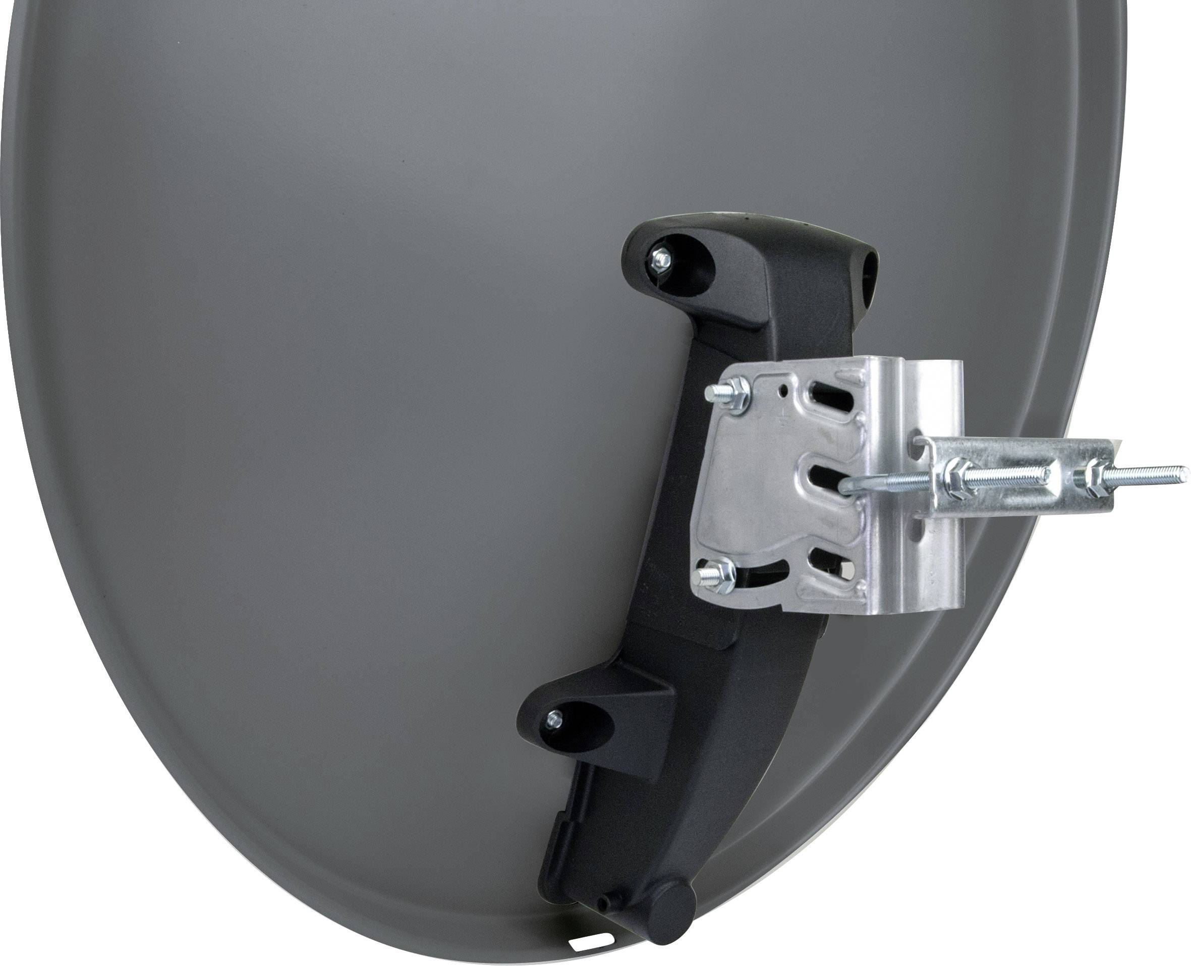 Een grijze schotelantenne, zijdelings gemonteerd, toont de beugel en bevestigingselementen.