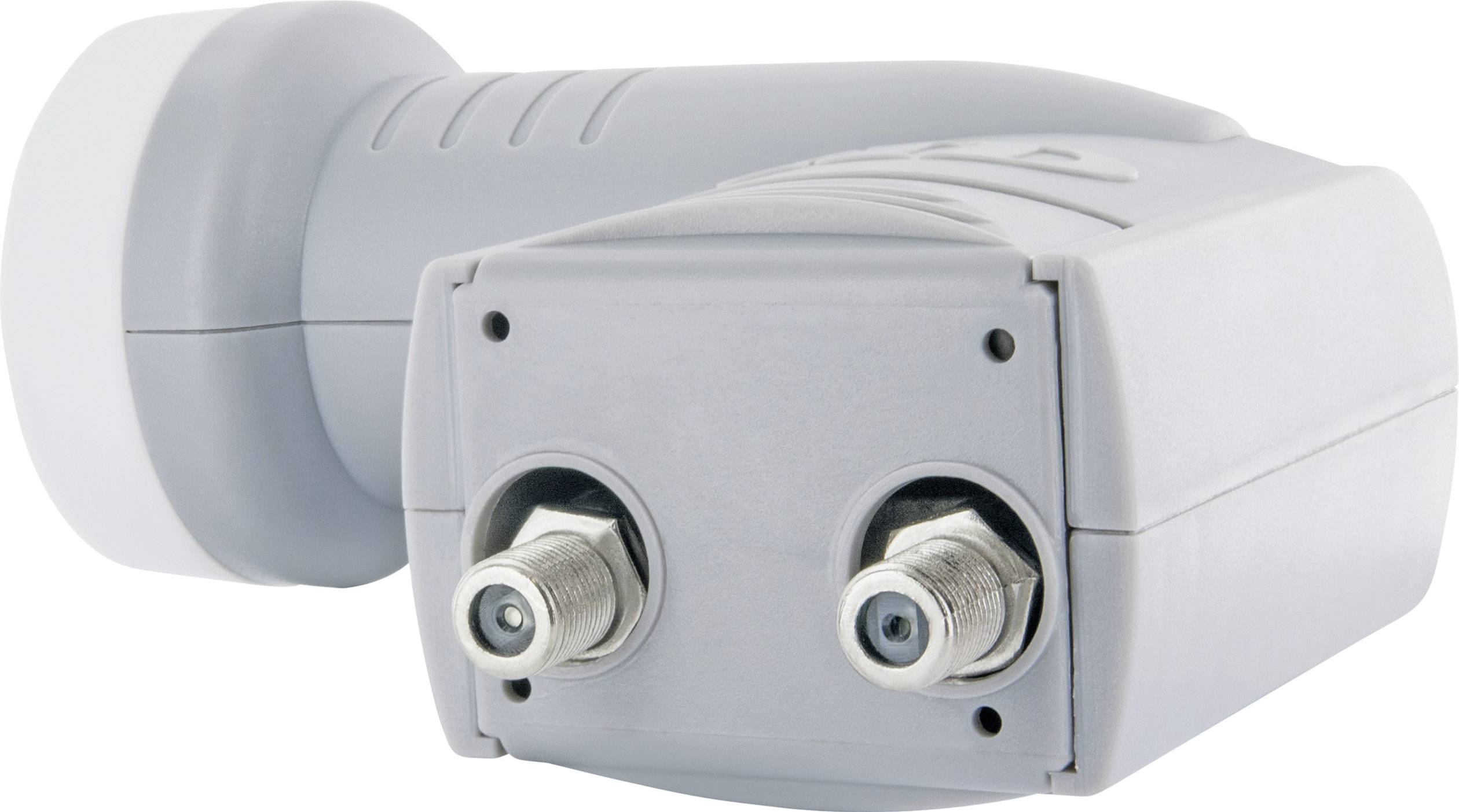 Een grijs-wit LNB (Low Noise Block Converter) met twee coaxiale aansluitingen wordt gebruikt voor het ontvangen van satellietSignalen.