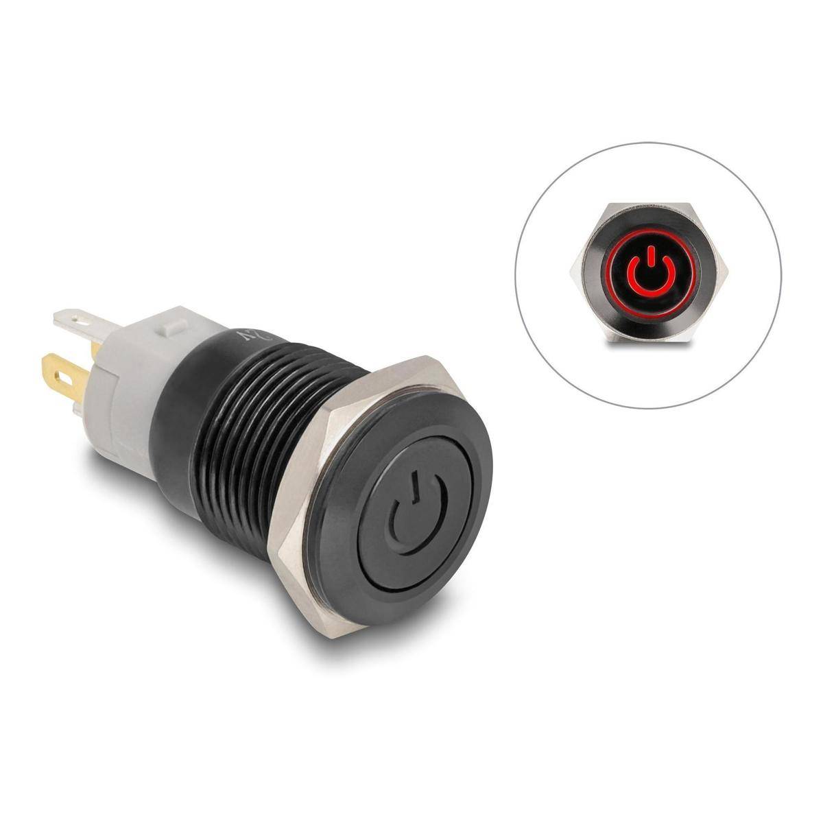 Delock Push Button for Installation black 16 mm 12 V 5 x solder connection LED red power symbol + ring-0