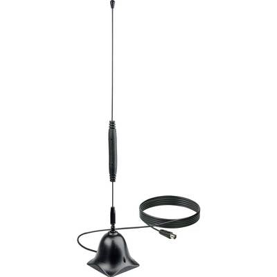 Zwarte, vrijstaande antenne met een lange, dunne staaf en een afneembaar kabel. Geschikt voor radio's en tv-toestellen.