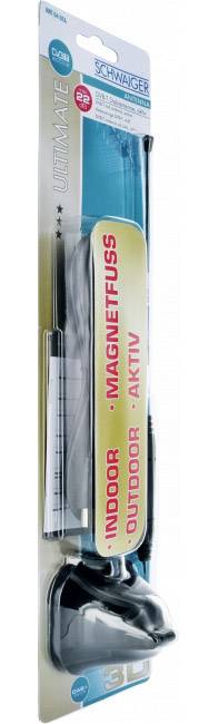 Magneetvoet voor binnen en buiten, Antenneaccessoire van Schwaiger, voor actieve ontvangst, verpakking toont productafbeelding en details.