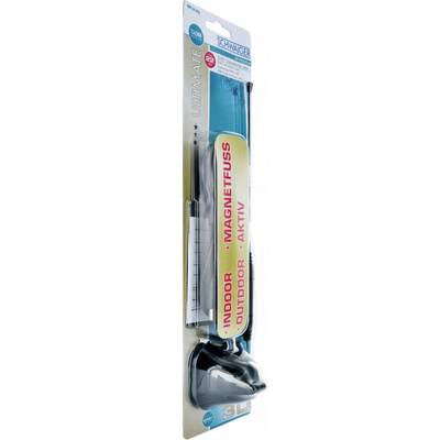Magneetvoet voor binnen en buiten, Antenneaccessoire van Schwaiger, voor actieve ontvangst, verpakking toont productafbeelding en details.
