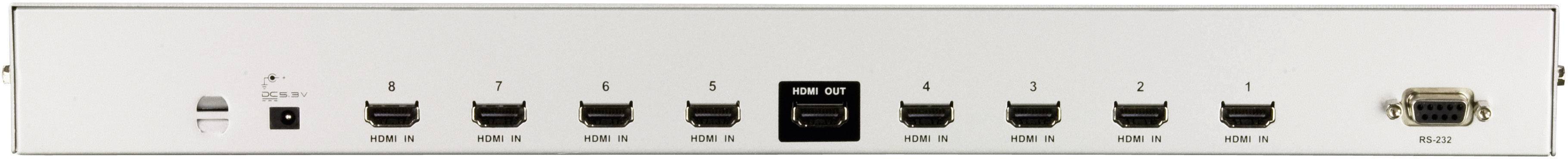 'Achterkant van een apparaat met acht HDMI-poorten, Ethernet-poort en seriële interface voor connectiviteit.'
