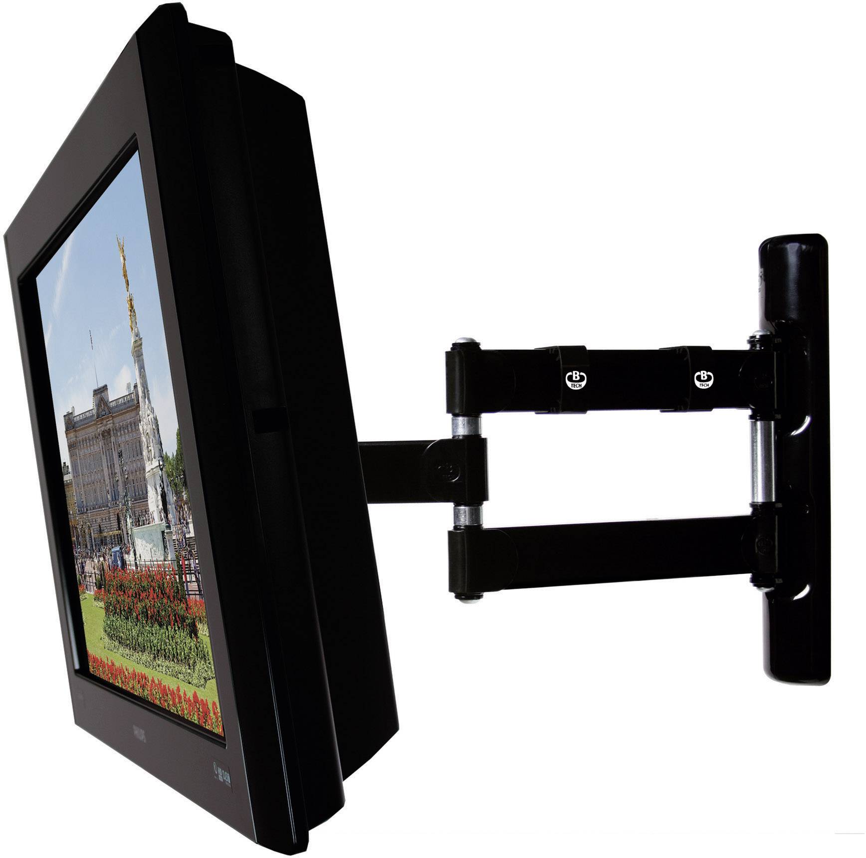 Een flatscreen tv is gemonteerd op een draaibare wandsteun die het draaien en kantelen van het scherm mogelijk maakt. Het scherm toont een afbeelding van een gebouw.