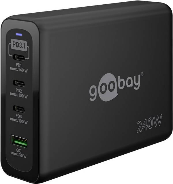 Goobay thuislader met 3x USB-C PD en 1x USB-A QC | GaN | 240W | zwart