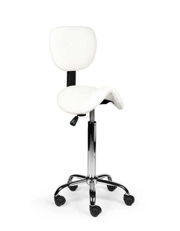 Ergonomische Zadelkruk Wit met Rugleuning – Verstelbare Zadelstoel met Wielen – Comfortabele Werkkruk voor Salon,