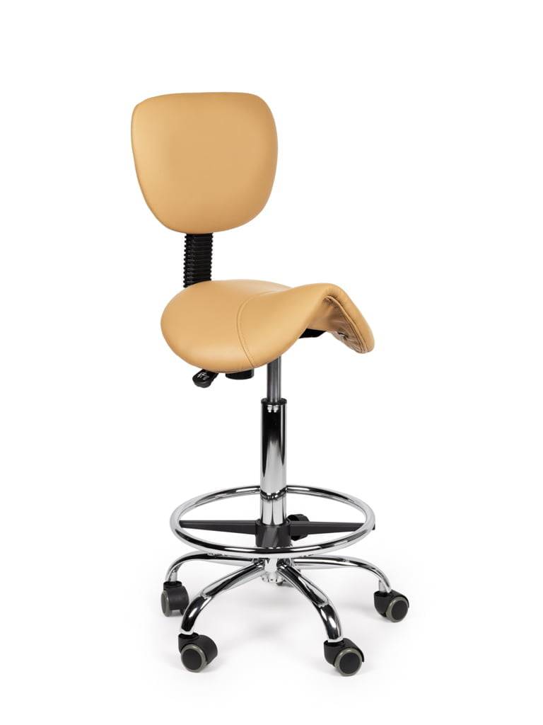 Ergonomische Zadelkruk Beige met Rugleuning – Verstelbare Zadelstoel met Wielen – Comfortabele Werkkruk voor Salon,-0