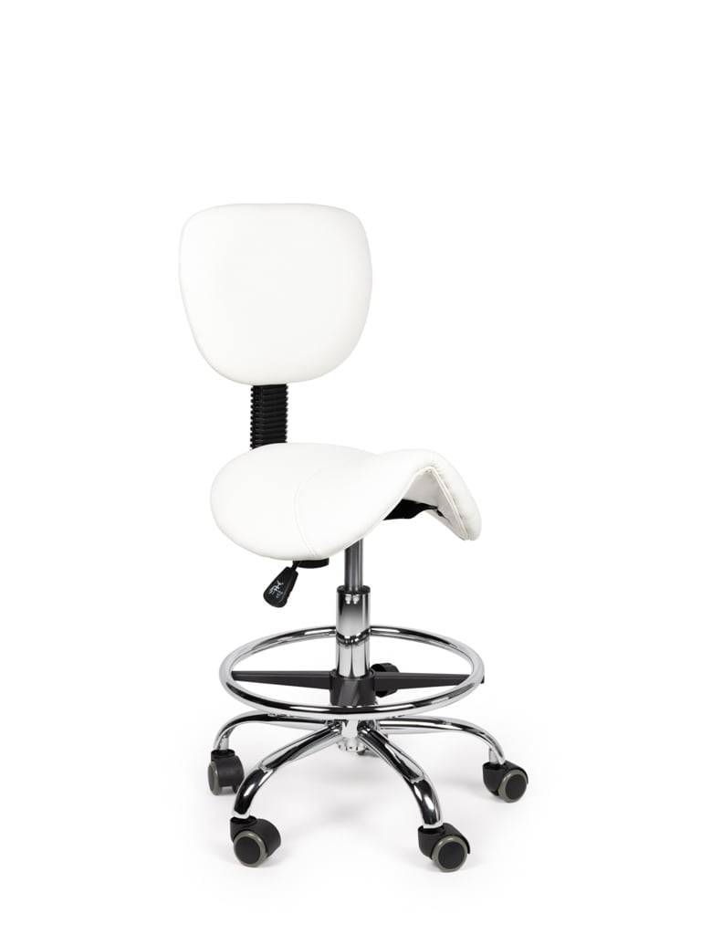 Ergonomische Zadelkruk Wit met Rugleuning – Verstelbare Zadelstoel met Wielen – Comfortabele Werkkruk voor Salon,-0