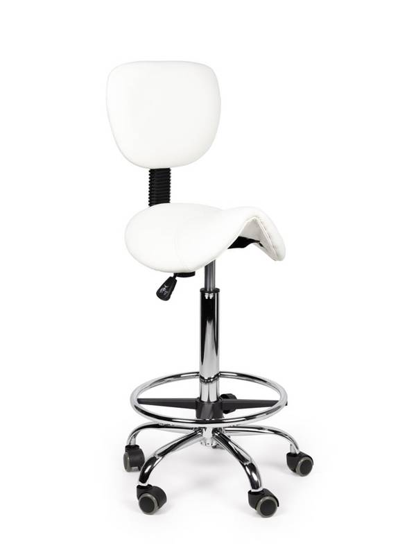 Ergonomische Zadelkruk Wit met Rugleuning – Verstelbare Zadelstoel met Wielen – Comfortabele Werkkruk voor Salon,