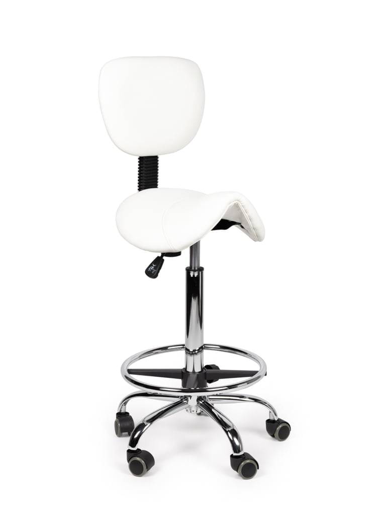 Ergonomische Zadelkruk Wit met Rugleuning – Verstelbare Zadelstoel met Wielen – Comfortabele Werkkruk voor Salon,-0