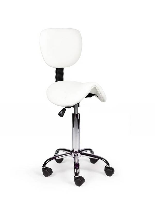 Ergonomische Zadelkruk Wit met Rugleuning – Verstelbare Zadelstoel met Wielen – Comfortabele Werkkruk voor Salon,