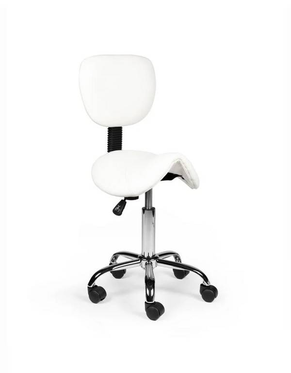 Ergonomische Zadelkruk Wit met Rugleuning – Verstelbare Zadelstoel met Wielen – Comfortabele Werkkruk voor Salon,