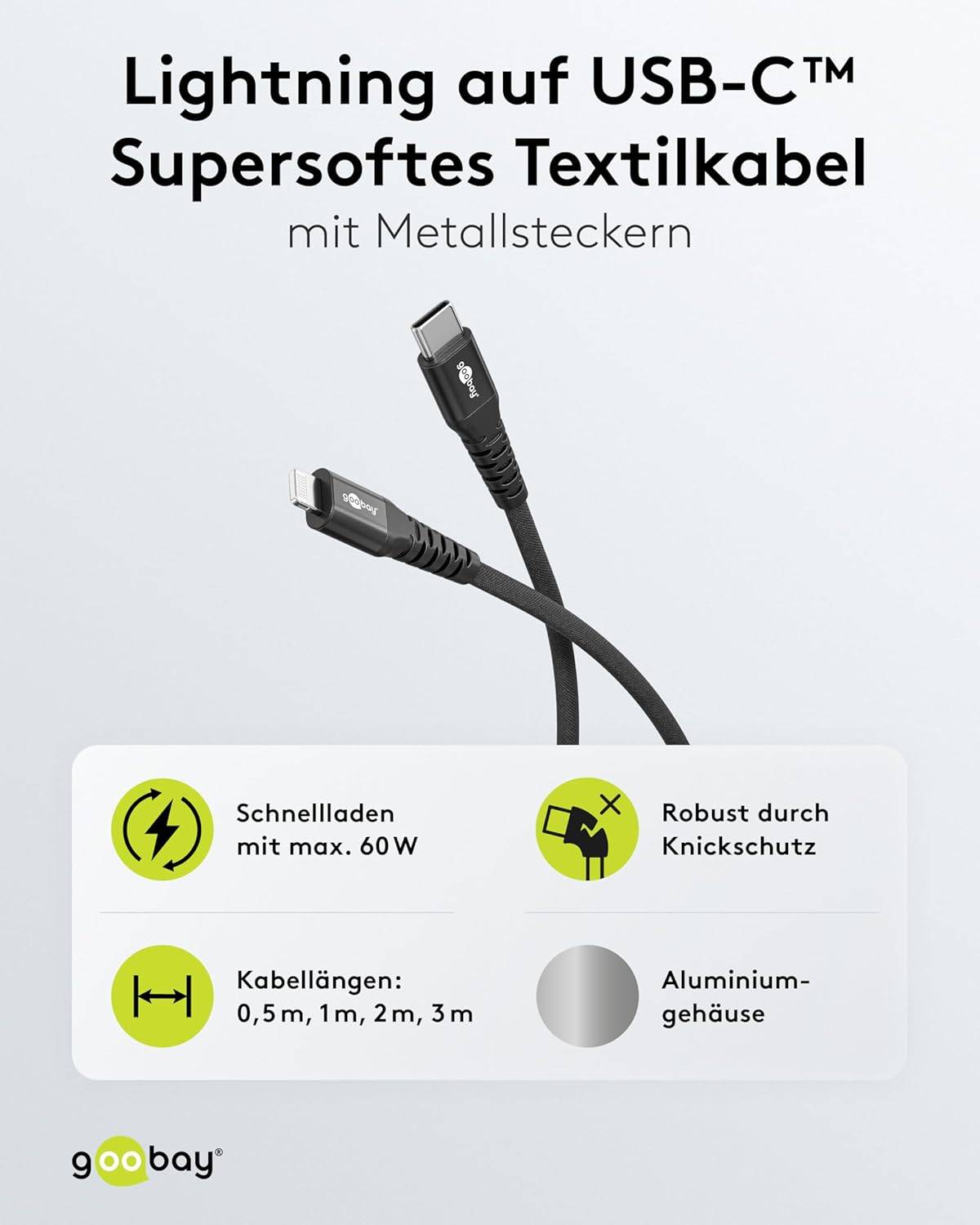 Goobay Lightning - USB-C Supersoft Textile kabel | USB2.0 | PD 60W | zwart | 0,50 meter-1