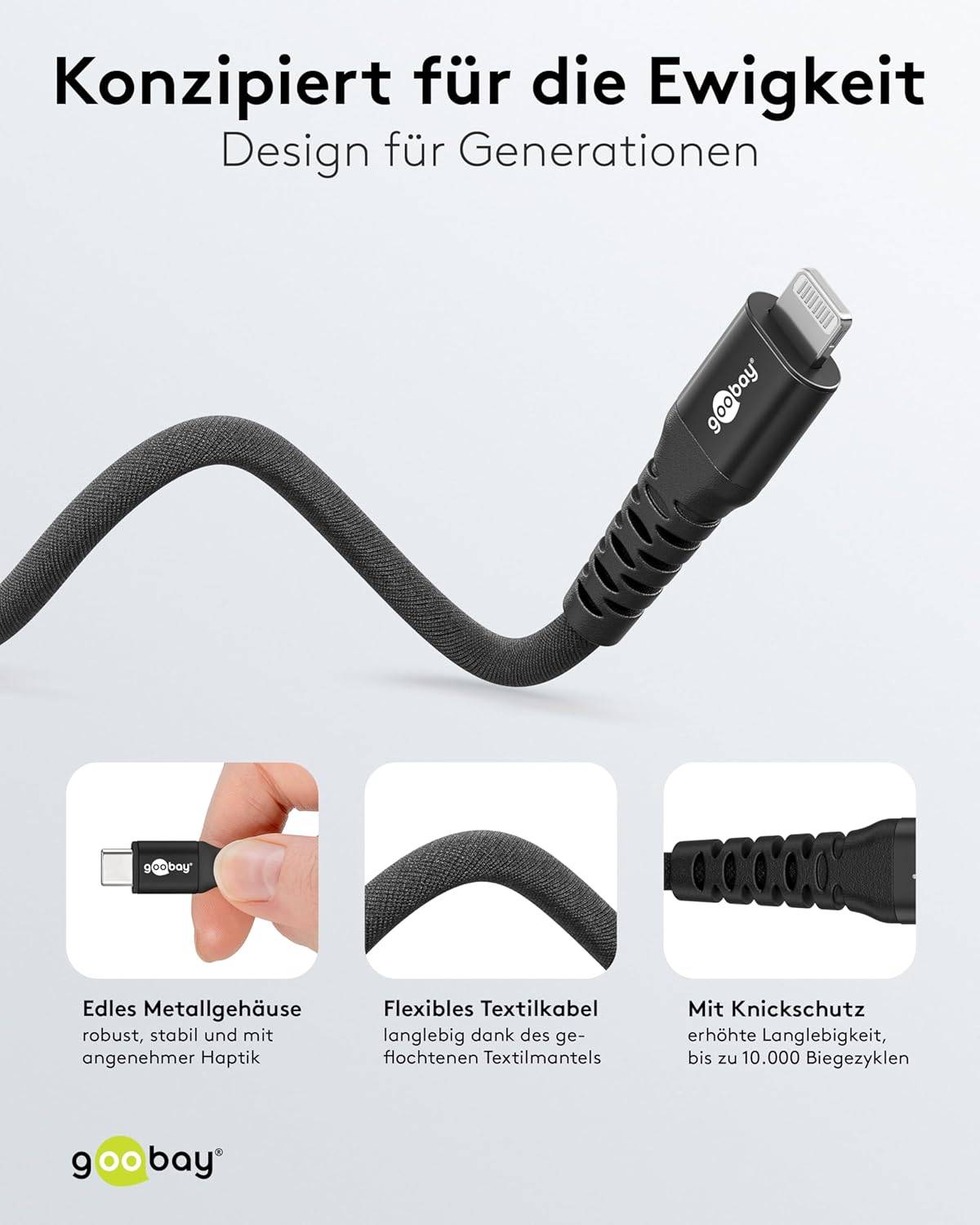 Goobay Lightning - USB-C Supersoft Textile kabel | USB2.0 | PD 60W | zwart | 0,50 meter-2