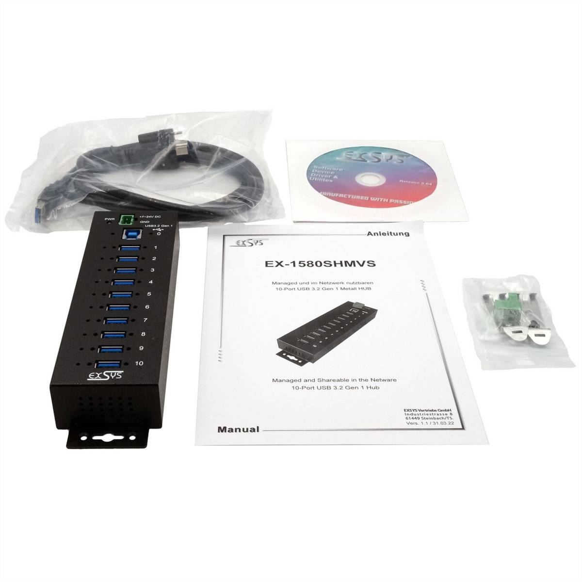 Exsys Exsys USB 3.2 Gen1 HUB 10-Port Managed N. inkl.USB-Kabel DIN-Rail-Kit (EX-1580SH USB-hub Zwart-4