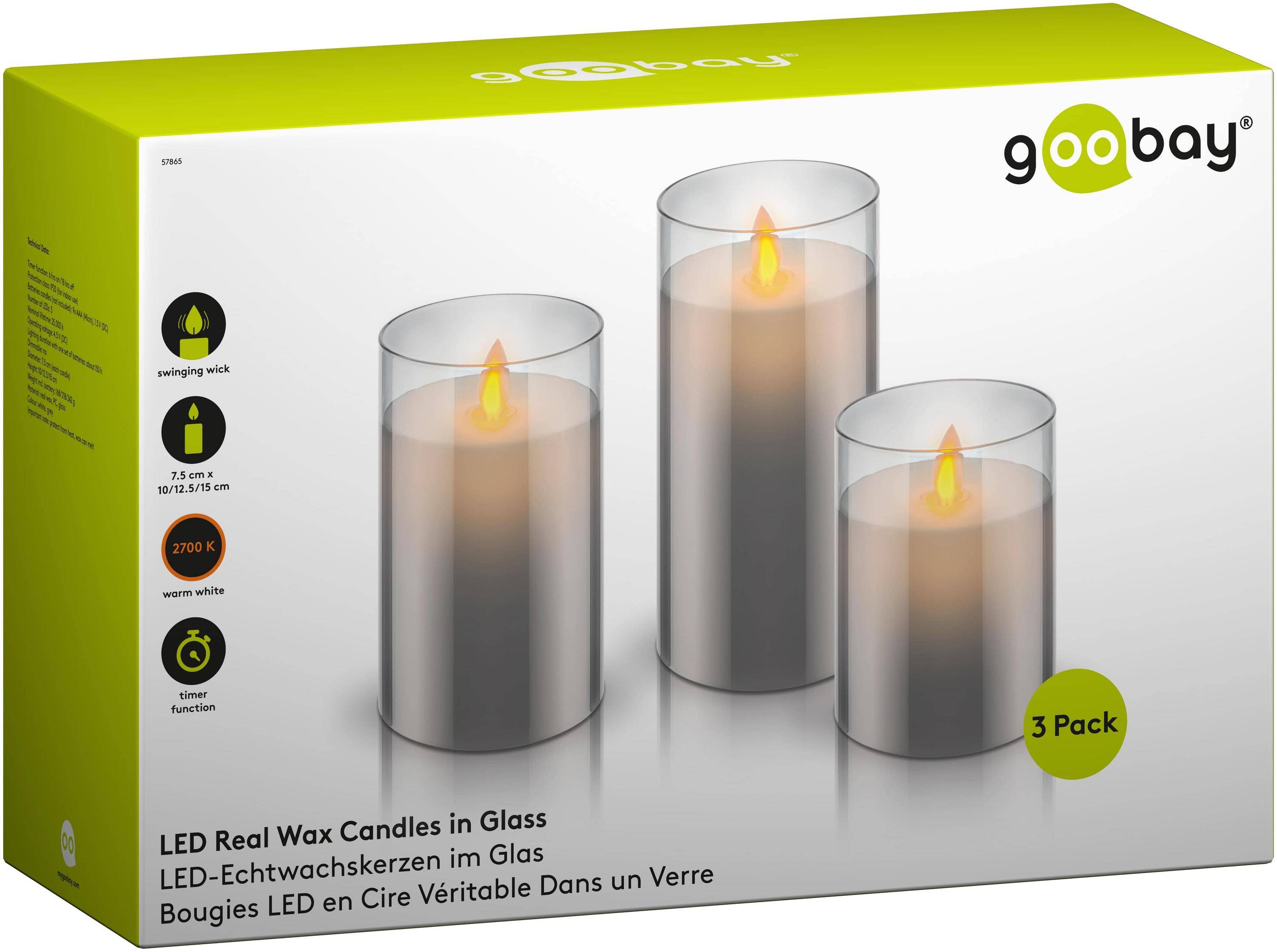 Goobay glazen LED-kaarsenset | 3 stuks | timerfunctie | grijs | IP20-4