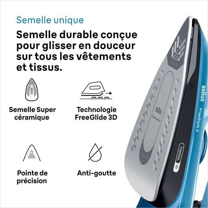 Braun FI3194 BK Freestyle 3 - STEAM IRON - POWER 2400 W - Constante stoom 45 g/min Presserend 200 g/min - Supercerami...-1