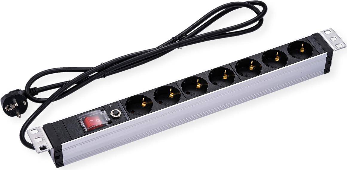 VALUE 19" Stekkerdoos 1U, 7 Uitgangen, 3 m Kabel, Overload Bescherming, Rack Module-0