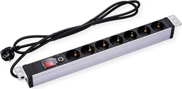 VALUE 19" Stekkerdoos 1U, 7 Uitgangen, 3 m Kabel, Overload Bescherming, Rack Module