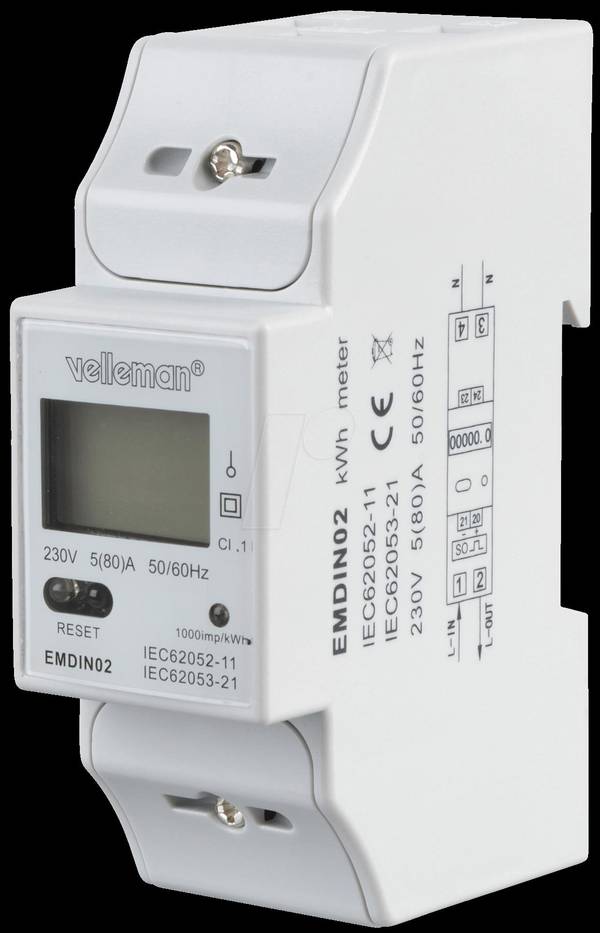 VE EMDIN02 - Energiezähler 1-fase LCD Display - EMDIN02 1-phasig