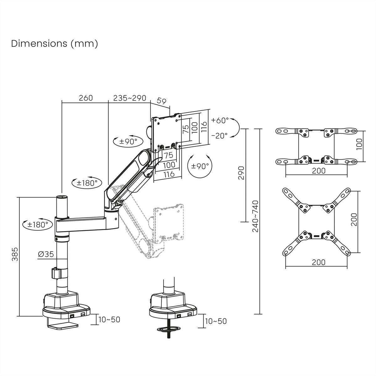 ROLINE LCD-arm voor zware belasting, draagstang, 4 scharnieren, tafelmontage, tot 22/27 kg, zwart-1
