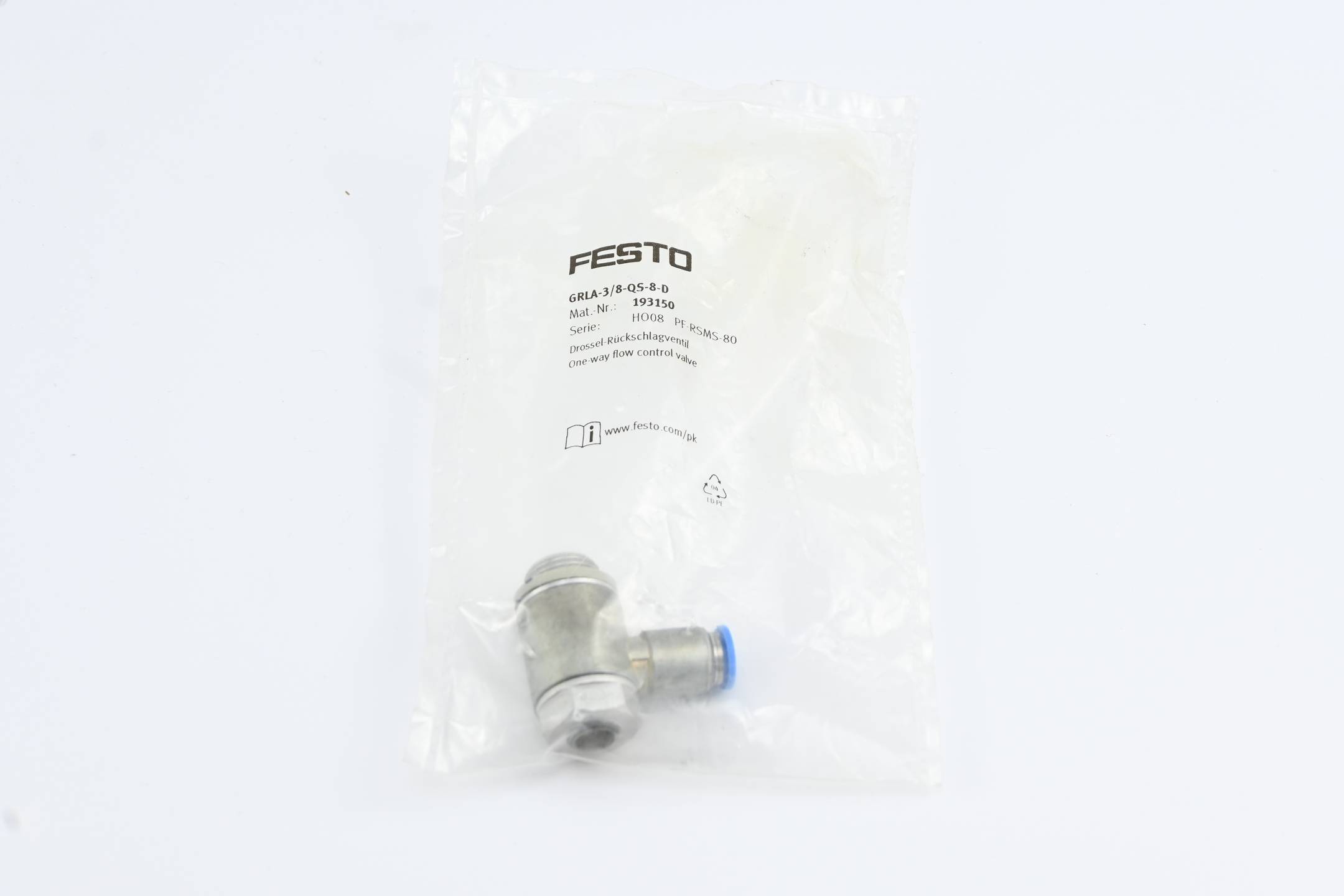 FESTO GRLA-3/8-QS-8-D Smoorterugslagventiel; 0,2÷10bar; gegoten zink; NBR-rubber; 8mm - 1 stuk-0