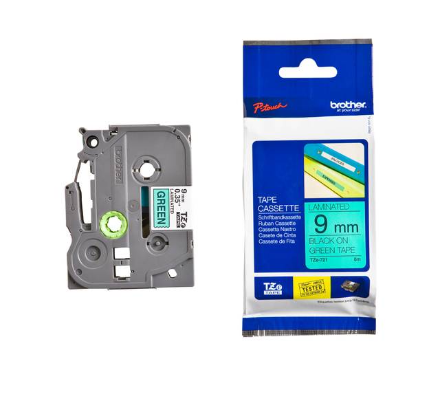 Labeltape Brother P-touch TZe-721 standaard 9mm zwart op groen-2