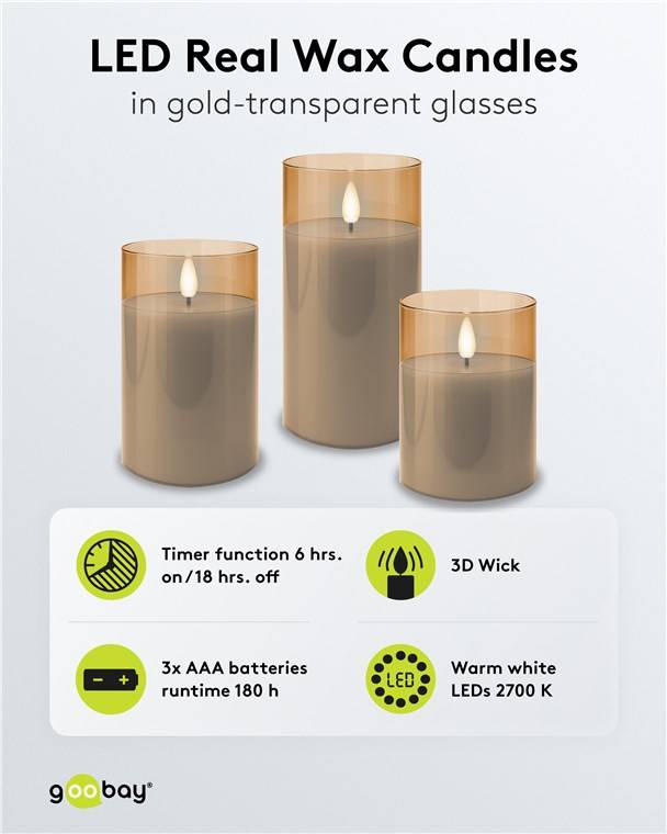 Goobay glazen LED-kaarsenset | 3 stuks | timerfunctie | goud | IP20-2