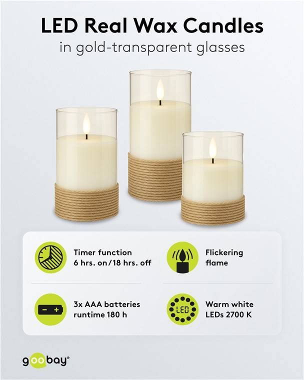 Goobay glazen LED-kaarsenset | 3 stuks | timerfunctie | bruin | IP20-1
