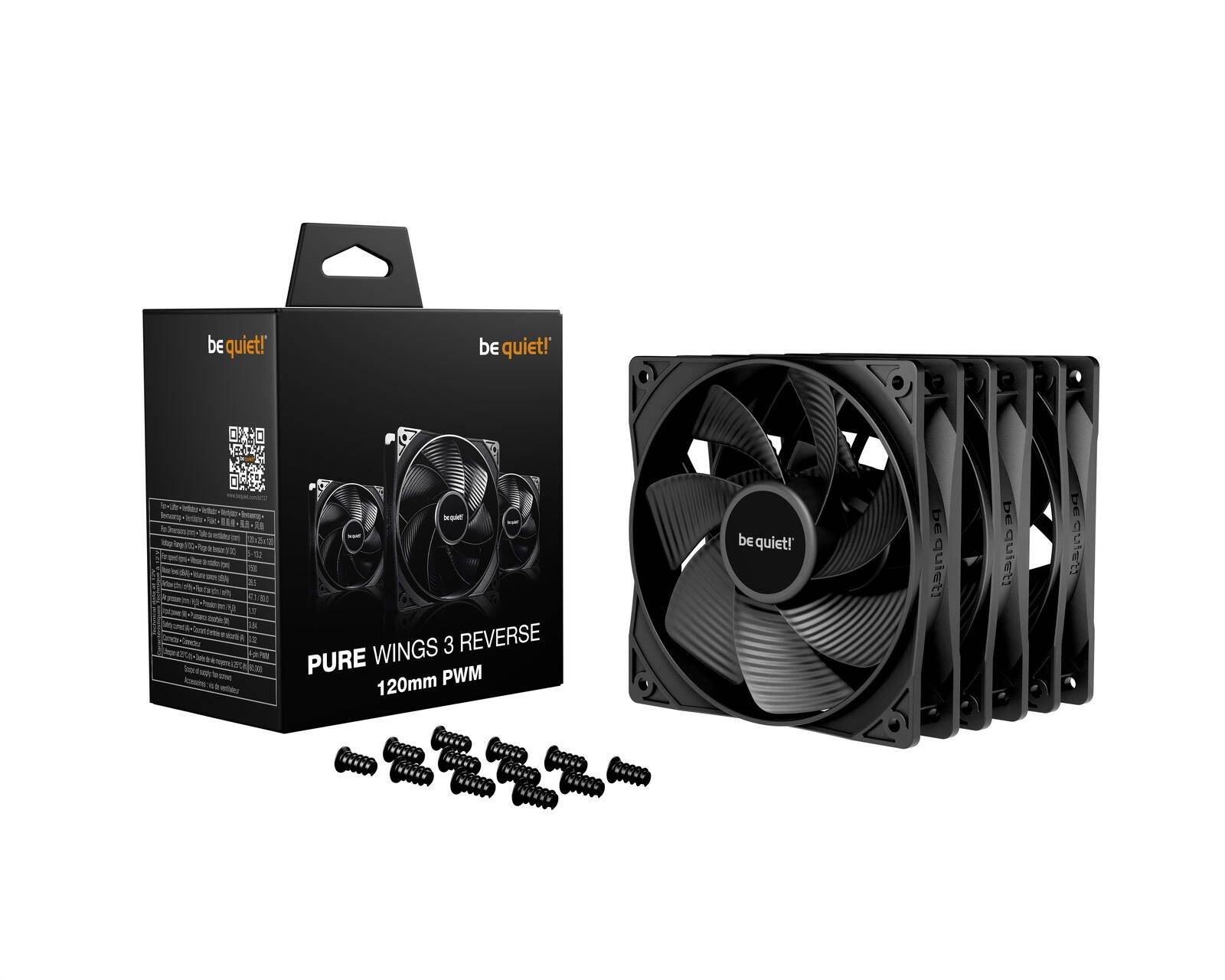 be quiet! Pure Wings 3 120 mm PWM Reverse Triple Pack Zwarte Computerbehuizingsventilator 12 cm Zwart 3 stuks-0